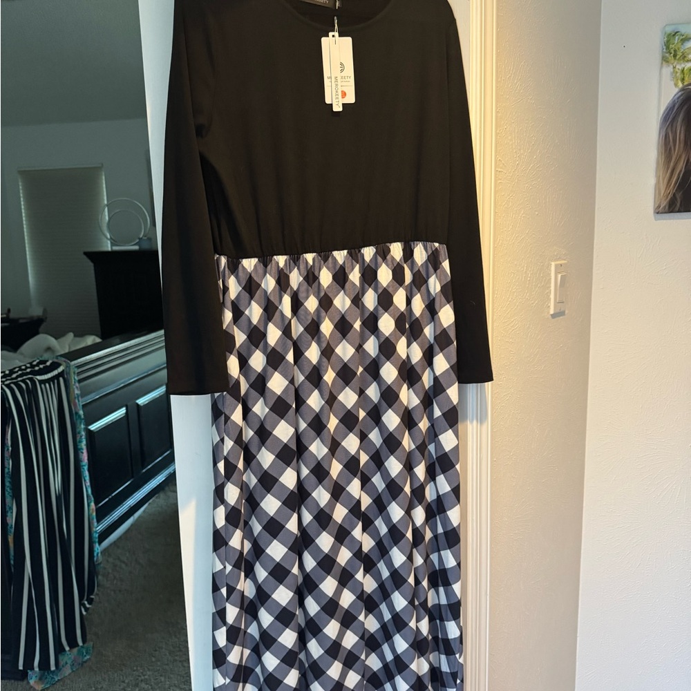 Black Top Maxi Dress with Black & White Gingham Skirt